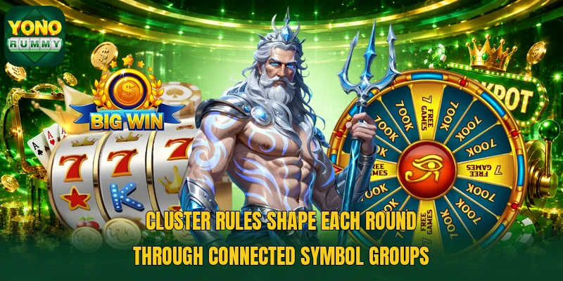 Cluster rules shape each round through connected symbol groups Cluster rules shape each round through connected symbol groups